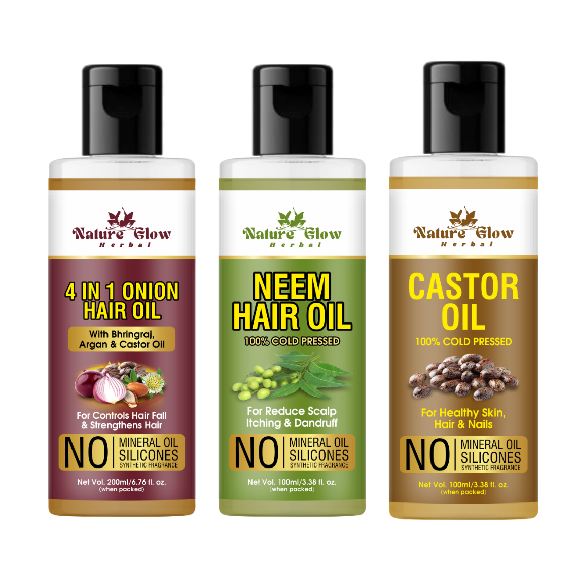 Nature Glow Herbal 4-in-1 Hair Oil+Neem Oil +CASTOR CARRIER OIL Pack of 3- (300ml)