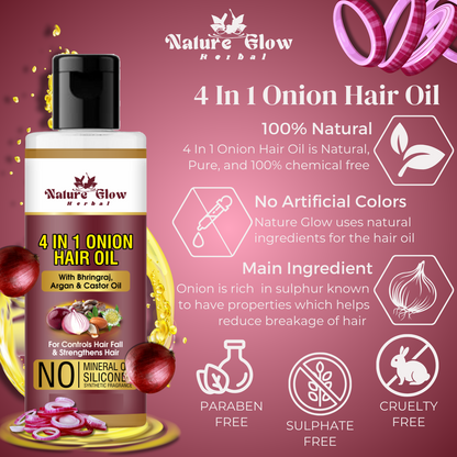 Nature Glow Herbal BHRINGRAJ HAIR OIL+ONION ARGAN ,CASTOR , BHRINGRAJ HAIR OIL Pack of 2-( 200Ml )