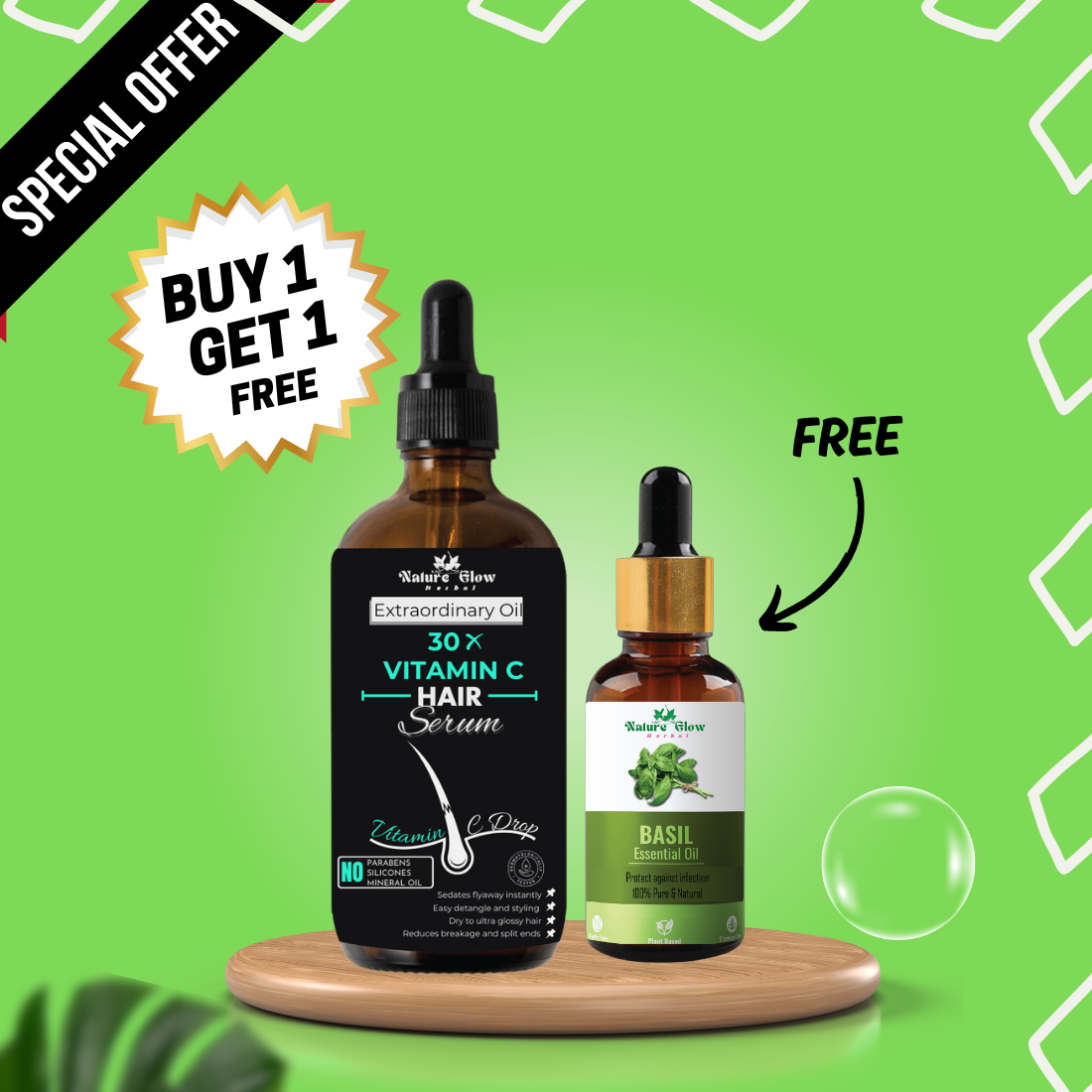 Nature Glow Herbal BUY 30ml 30X VITAMIN C DROP HAIR SERUM & GET FREE 15ml Basil Essential Oil & Save💸₹399