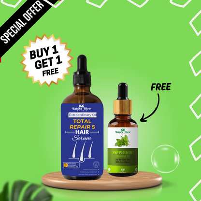 Nature Glow Herbal BUY 30ml TOTAL REPAIR 5 HAIR SERUM & GET FREE 15ml Peppermint Essential Oil & Save 💸₹395