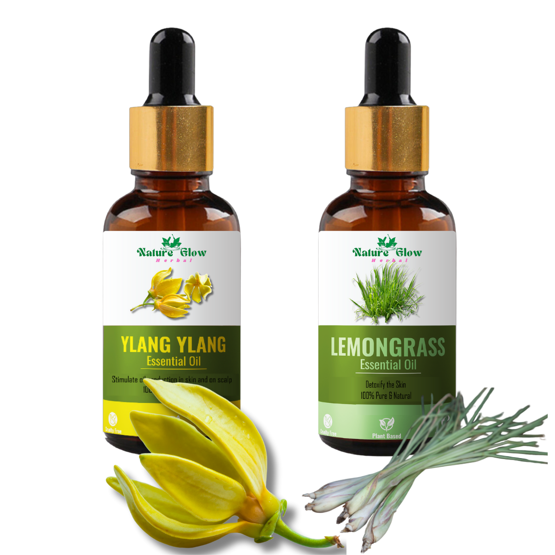 Nature Glow Herbal Ylang Ylang+Lemongrass Essential Oil |Relaxation and Stress Relief| Pack of 2  (30 ml)