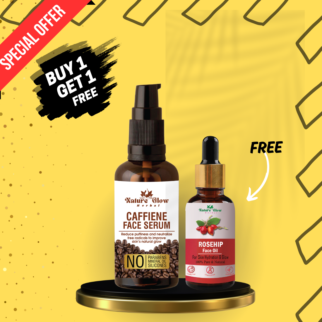 Nature Glow Herbal BUY 30ml CAFFINE COFFEE FACE SERUM & GET Free 15ml ROSEHIP FACIAL OIL & Save 💸₹275