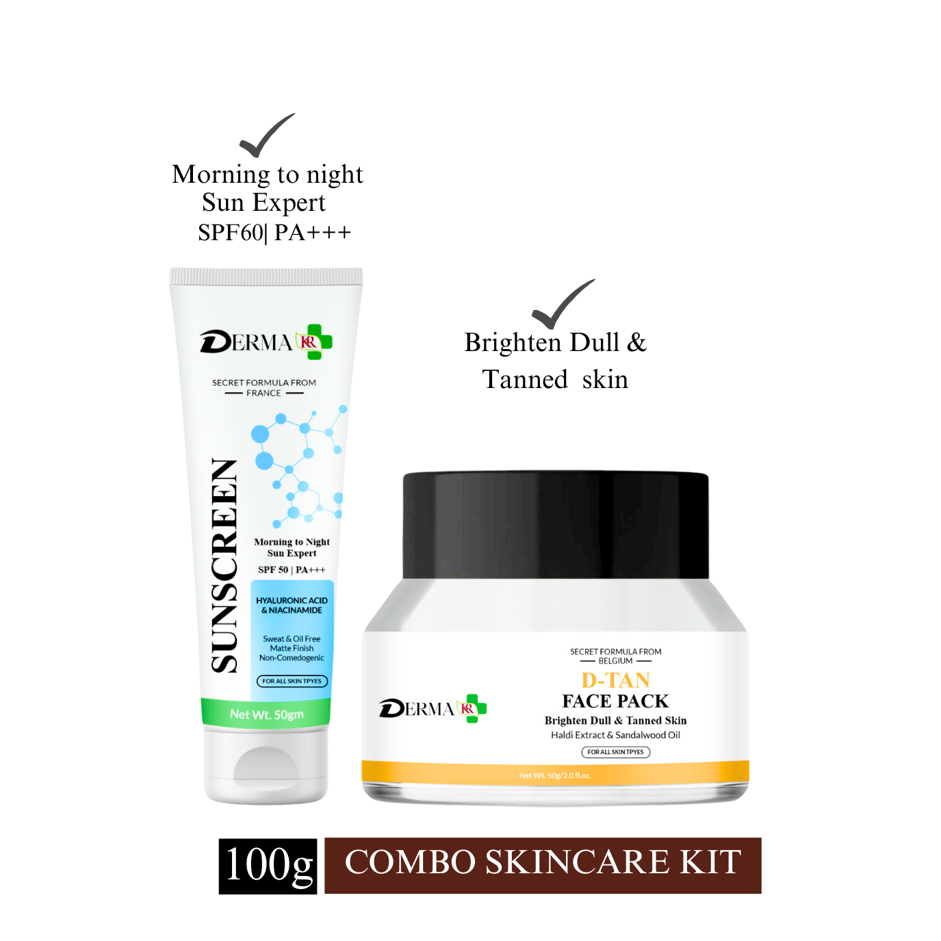 DERMA KR  Morning to night SPF 50 PA+++ Sunscreen with Vitamin B3 C & Niacinamide & Ubtan D-Tan Face Pack |For Men & Women|Pack Of 2