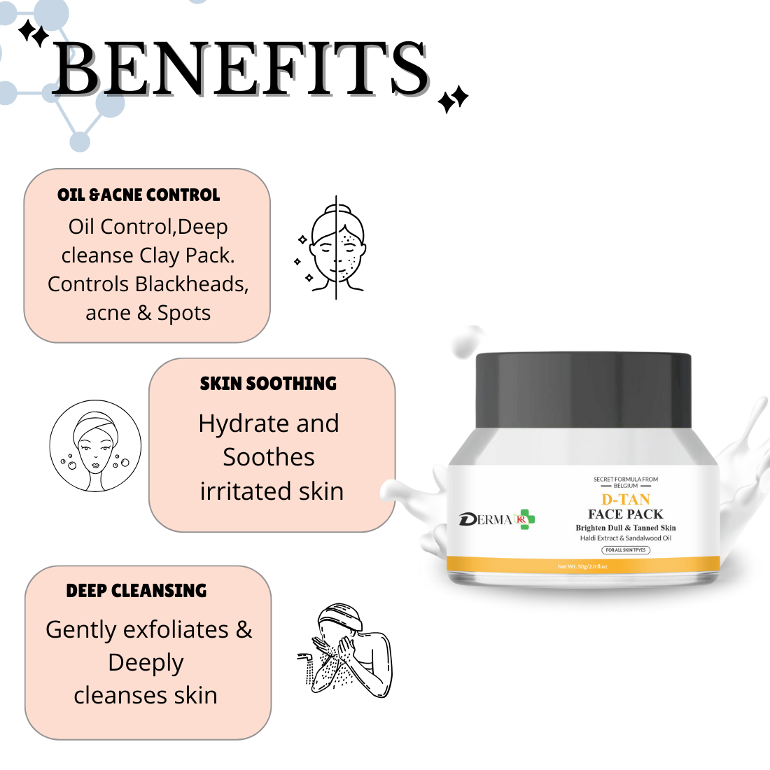 DERMA KR  Morning to night SPF 50 PA+++ Sunscreen with Vitamin B3 C & Niacinamide & Ubtan D-Tan Face Pack |For Men & Women|Pack Of 2