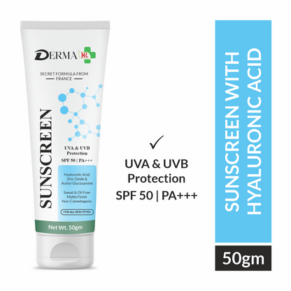 DERMA KR Hyaluronic Face Sunscreen Cream | HyaluGlow Sun Shield SPF 50 PA++++, No White Cast-50gm