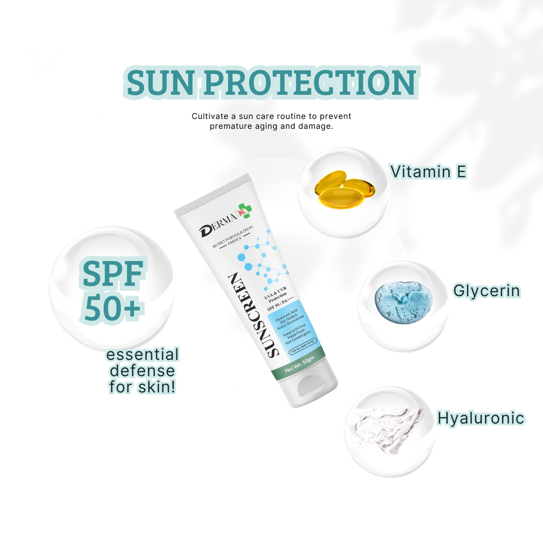 DERMA KR Hyaluronic Face Sunscreen Cream | HyaluGlow Sun Shield SPF 50 PA++++, No White Cast-50gm