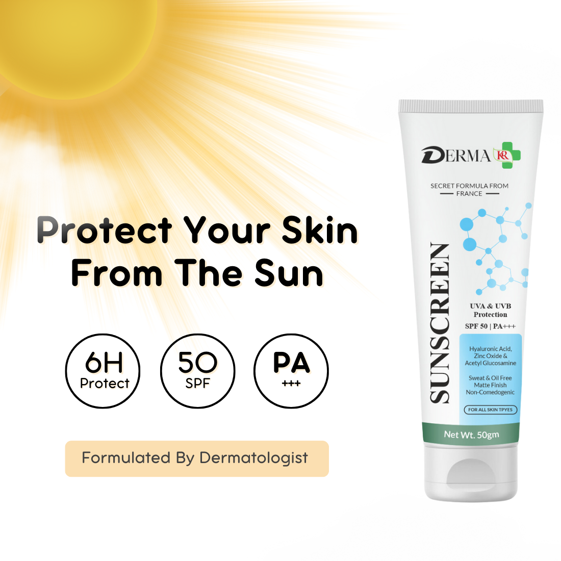 DERMA KR Hyaluronic Face Sunscreen Cream | HyaluGlow Sun Shield SPF 50 PA++++, No White Cast-50gm