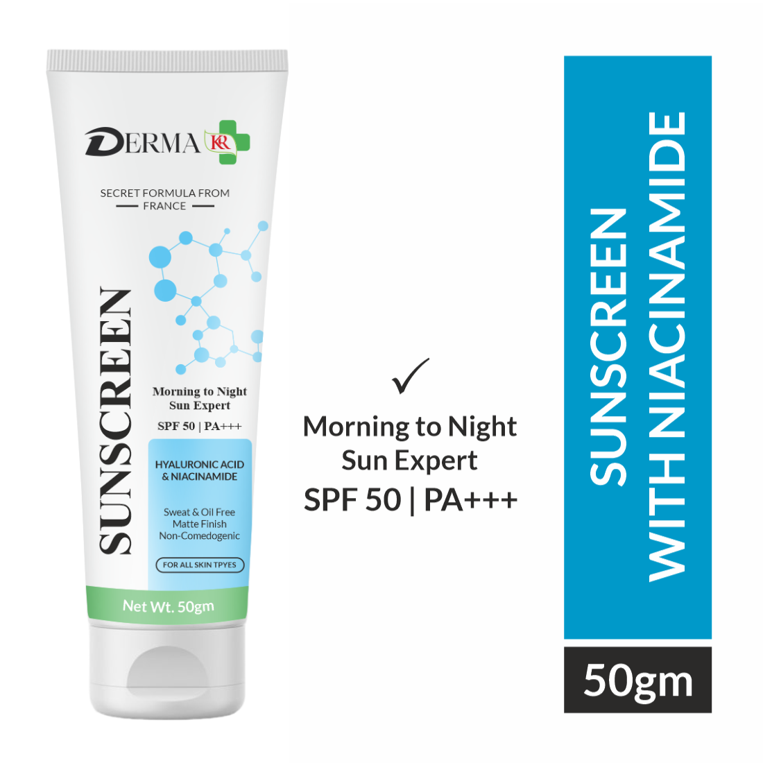 DERMA KR Morning to Night Sunscreen with Vitamin B3 C & Niacinamide| Sun Radiant Shield SPF 50, PA++++  -50gm