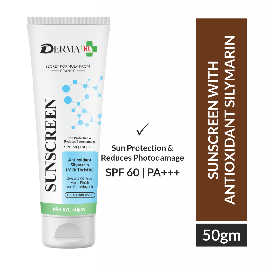 DERMA KR Sunscreen With Antioxidant Silymarin Cream | Sily Guard Radiant Shield SPF 60, PA++++  Antioxidant Sunscreen Cream"  -50gm