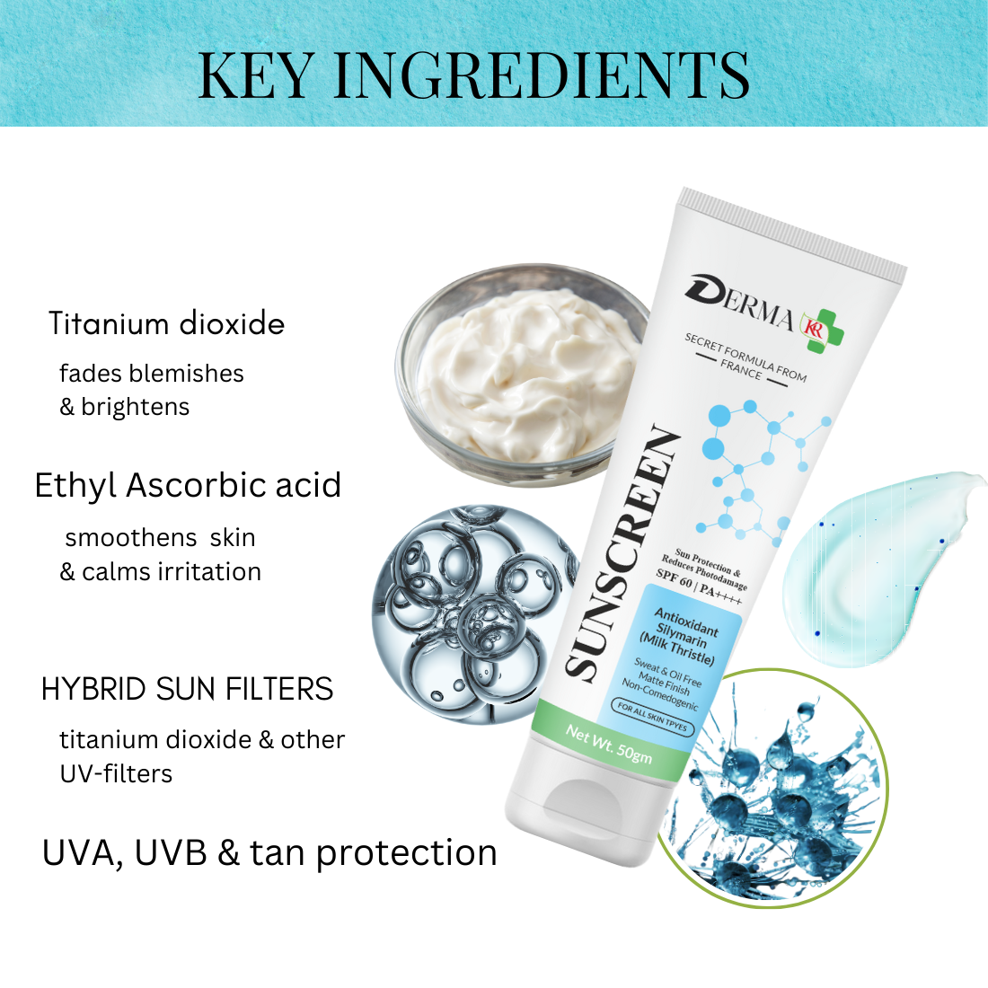 DERMA KR Sunscreen With Antioxidant Silymarin Cream | Sily Guard Radiant Shield SPF 60, PA++++  Antioxidant Sunscreen Cream"  -50gm