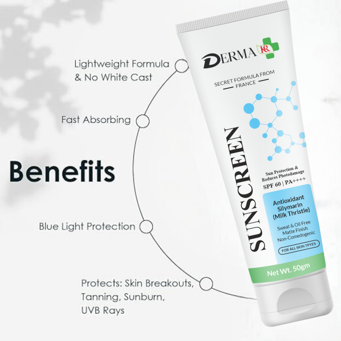 DERMA KR Sunscreen With Antioxidant Silymarin Cream | Sily Guard Radiant Shield SPF 60, PA++++  Antioxidant Sunscreen Cream"  -50gm