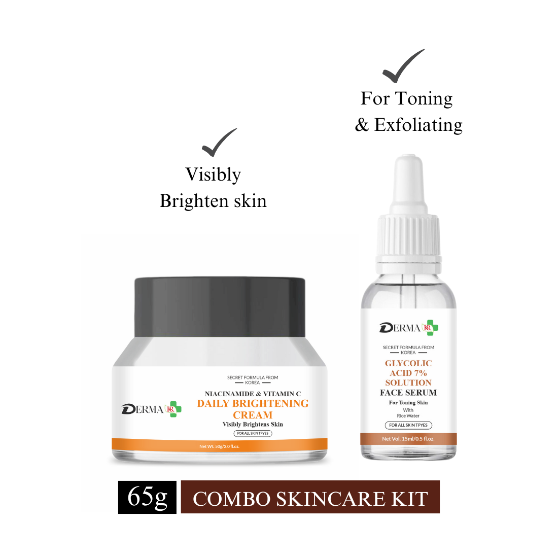 DERMA KR Niacinamide & vitamin C daily brightning  cream & Glycolic acid 7% solution for skin tonning | Pack of 2