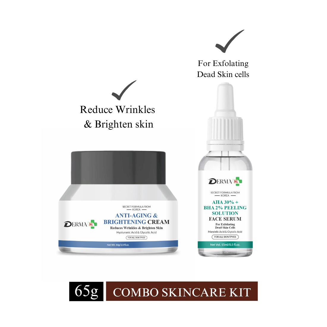 DERMA KR Anti aging & brightening Face Cream & AHA 30% + BHA 2% Peeling Solution Face Serum|Forming & Smoothing, Wrinkle Lift|-Pack Of 2