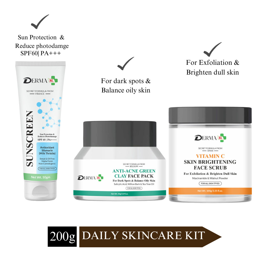 DERMA KR SPF 60 PA ++++ Sunscreen With Antioxidant Silymarin +Anti ance Green clay Face Pack + Vitamin C Skin Brightening FACE SCURB|Pack of 3