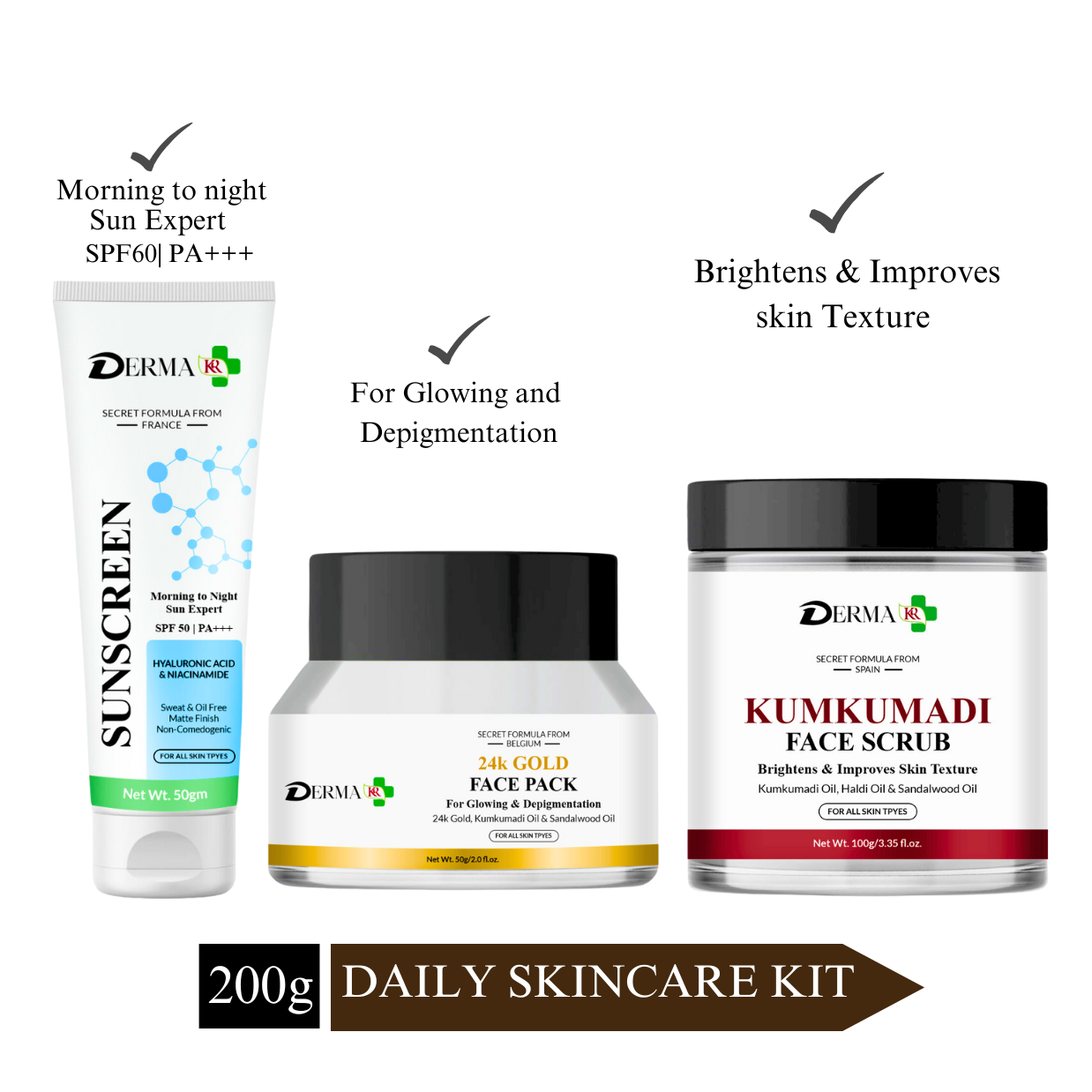 DERMA KR  Morning to night Sun Expert SPF 50 PA+++ Sunscreen+ 24k GOLD FACE MASK For Glowing+Kumkumadi Face Serub| For Men And Women|Pack Of 3