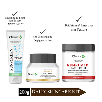 DERMA KR  Morning to night Sun Expert SPF 50 PA+++ Sunscreen+ 24k GOLD FACE MASK For Glowing+Kumkumadi Face Serub| For Men And Women|Pack Of 3