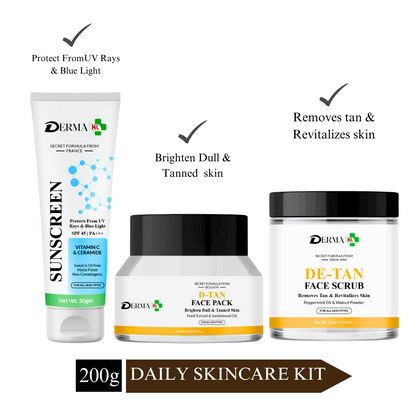 DREMA KR Ceramide & Vitamin C Sunscreen Face Cream+ Ubtan D-Tan Face Pack+D-TAN Face Scrub |For Men And Women |Pack of 3