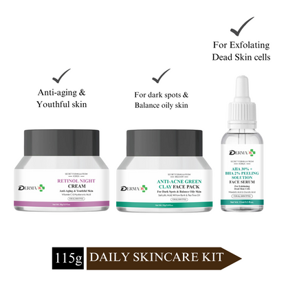 DERMA KR Retinol night cream with vitamin C & hyaluronic acid + Anti ance Green clay Pack for dark spot+AHA 30% + BHA 2% Peeling Solution Face Serum |Pack Of 3