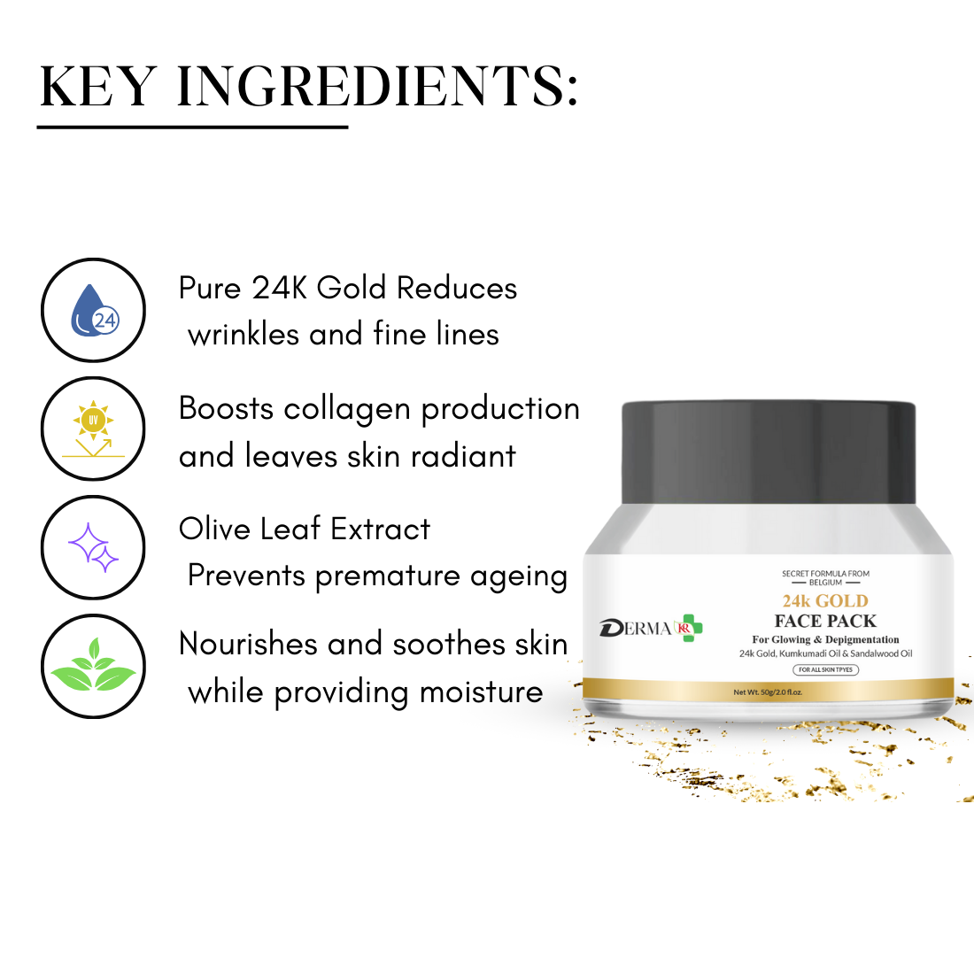 DERMA KR Pigmentation repair Face cream+24k GOLD FACE PACK For Glowing+Glycolic acid 7% solution for skin toning| For Men and Women |Pack Of 3