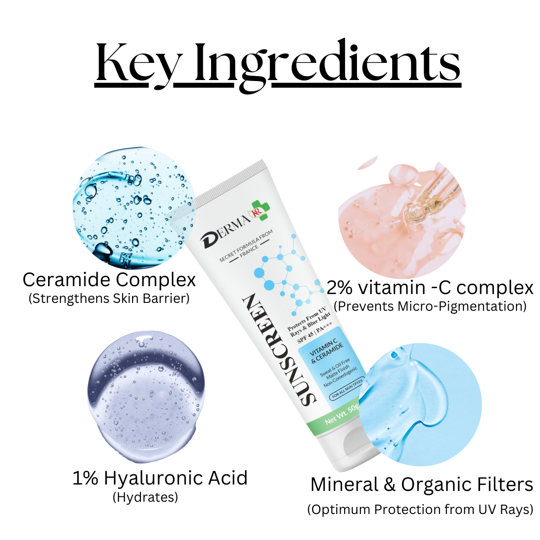 DERMA KR Ceramide & Vitamin C Sunscreen SPF 45 PA++++ + Pigmentation repair cream + Ubtan, D-tan face Pack + Glycolic acid 7% solution for skin tonning Pack of 4