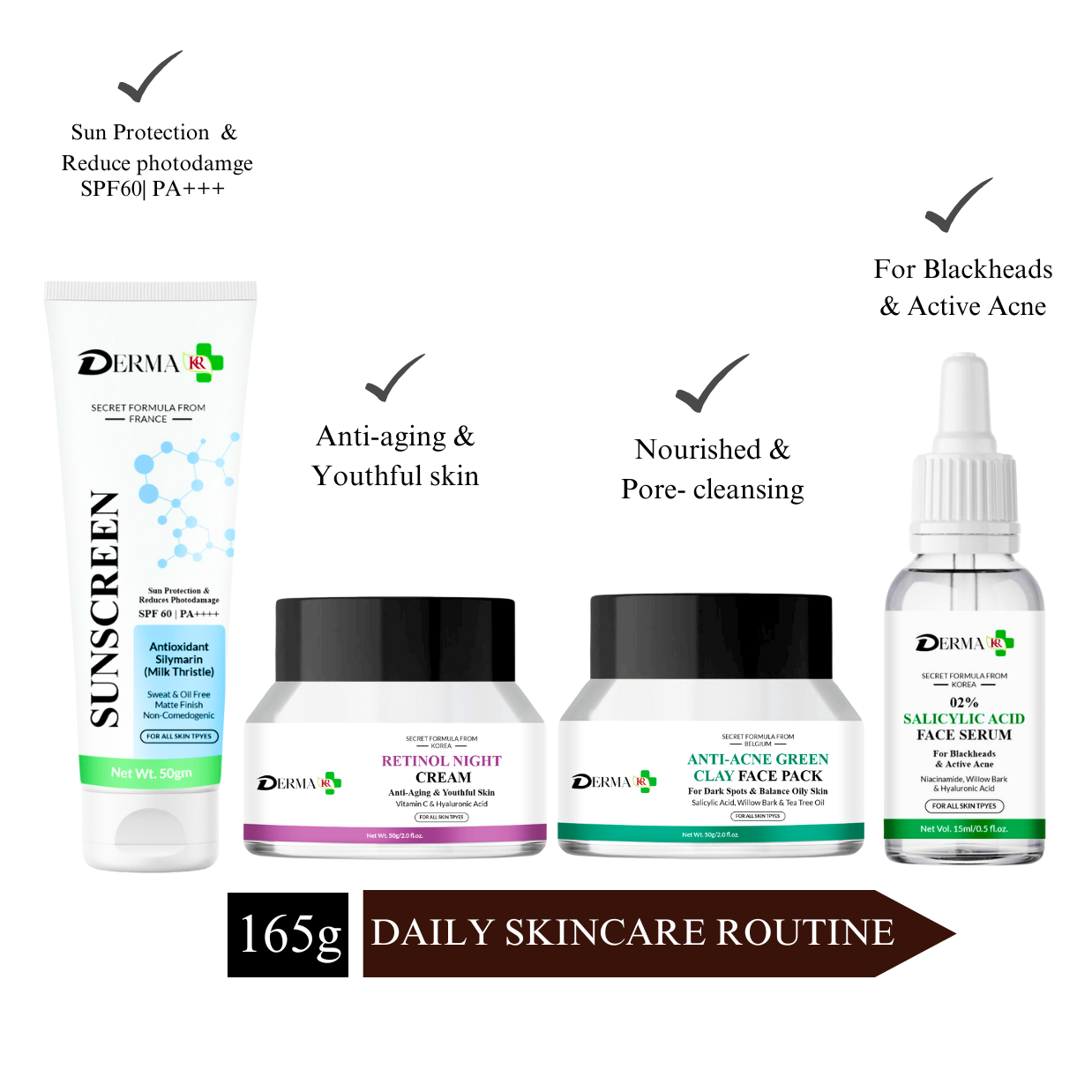 DERMA KR Sunscreen SPF 60 With Antioxidant Silymarin +Retinol night cream with vitamin C Face Cream +Anti ance clay Pack for dark spot + 2% Scilicylic acid Face serum | For Men And Women|Pack of 4