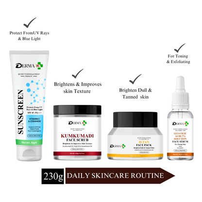 DREMA KR Ceramide & Vitamin C Sunscreen + Ubtan D-Tan Face Pack + Kumkumadi Face Serub + Glycolic acid 7% solution for skin toning| Pack of 4