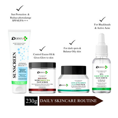 DERMA KR Sunscreen With Antioxidant Silymarin + Anti ance clay Pack for dark spot +Red vine with green tea Face scrub + 2% Scilicylic acid face serum for blackheads & active acne |Pack Of 4