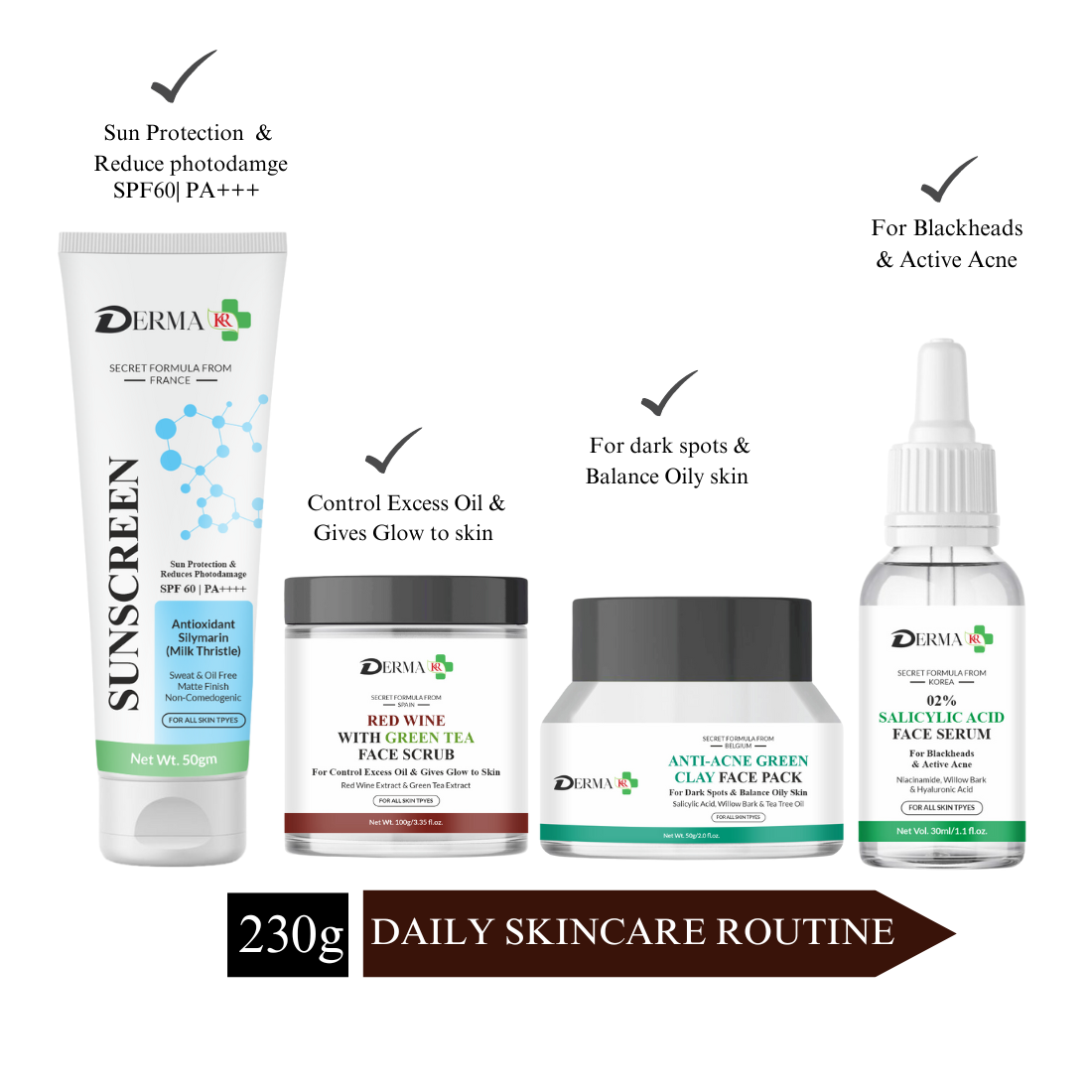 DERMA KR Sunscreen With Antioxidant Silymarin + Anti ance clay Pack for dark spot +Red vine with green tea Face scrub + 2% Scilicylic acid face serum for blackheads & active acne |Pack Of 4