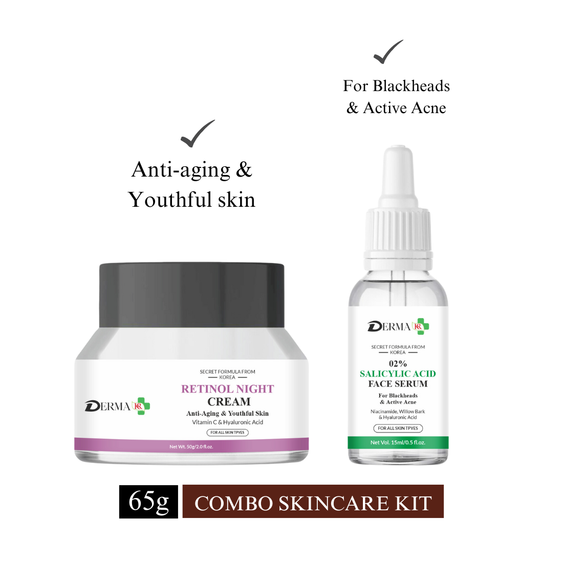 DERMA KR Retinol Night cream with vitamin C and hyaluronic acid Face Cream & 2% Scilicylic acid face serum for blackheads & active acne |For Men And Women|-Pack Of 2