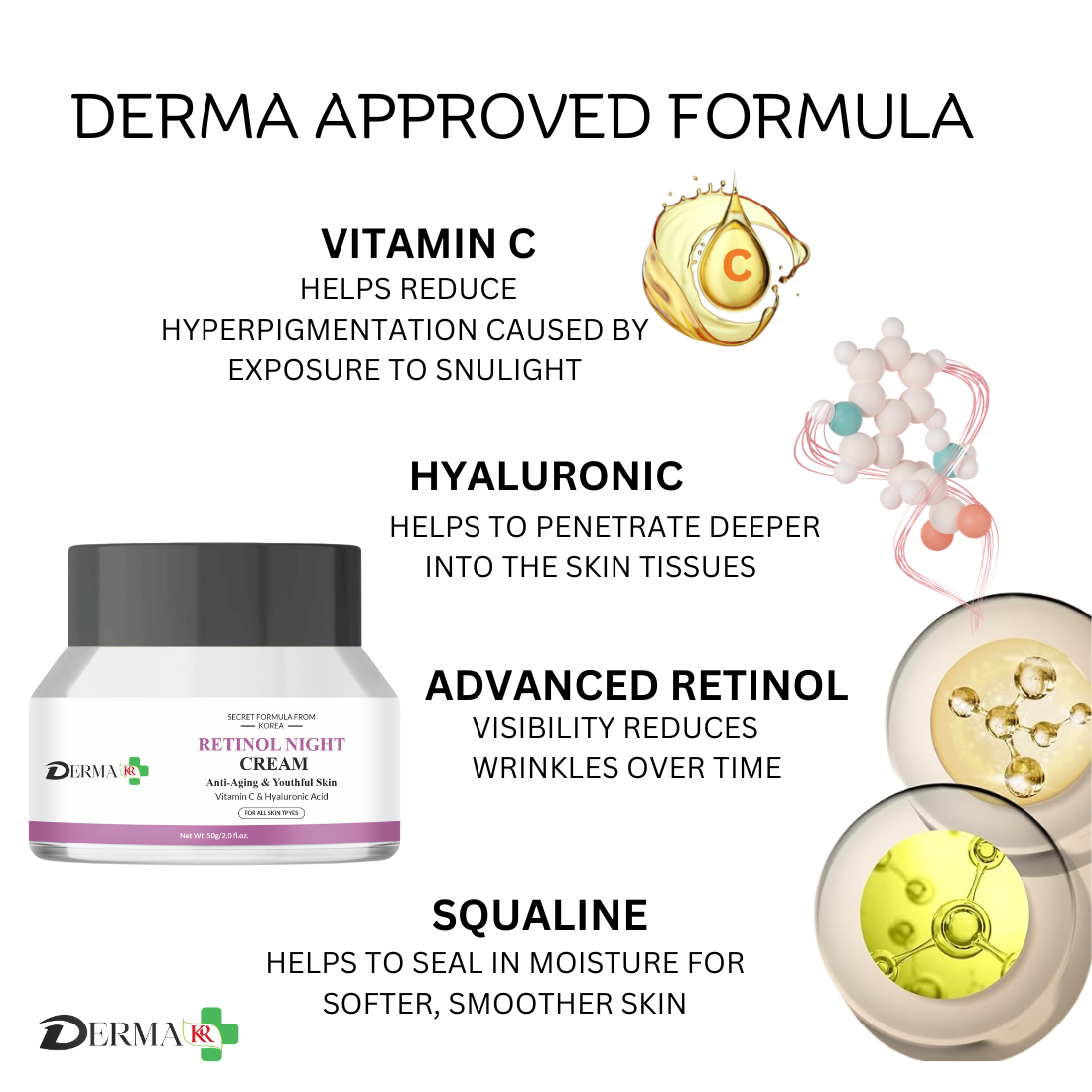 DERMA KR Retinol Night cream with vitamin C and hyaluronic acid Face Cream & 2% Scilicylic acid face serum for blackheads & active acne |For Men And Women|-Pack Of 2