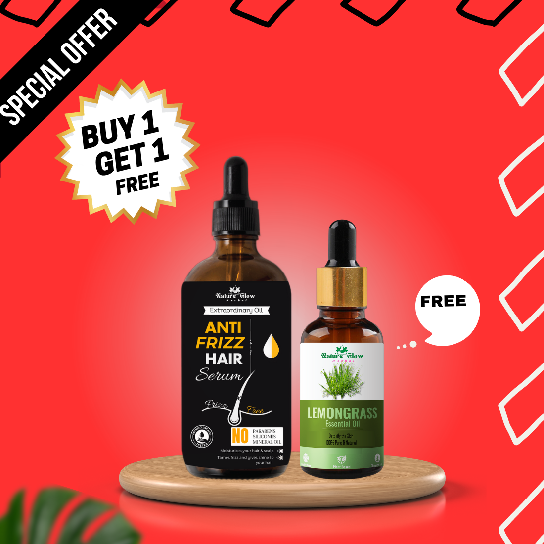 Nature Glow Herbal BUY 60ml ANTI FRIZZ HAIR SERUM and GET Free 30ml Lemongrass Essential Oil & Save ₹585