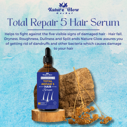 Nature Glow Herbal BUY 60ml TOTAL REPAIR 5 HAIR SERUM & GET Free 30ml Pure Basil Essential Oil & Save 💸₹599